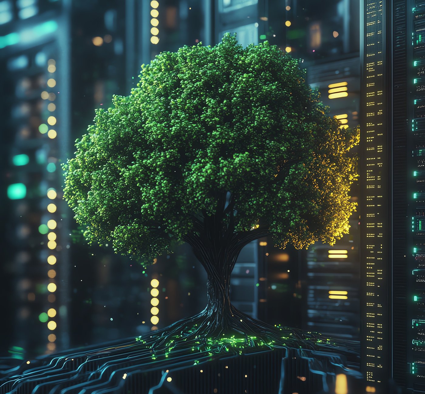Green tree amid servers, symbolising sustainable computing.